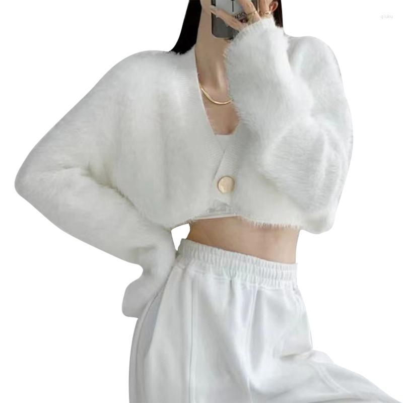 

Women's Jackets 896E Women's Furry Warm Coat Fashion V Neck Cropped All-matching Long Sleeves Casual Outwear One Button Short, Khaki