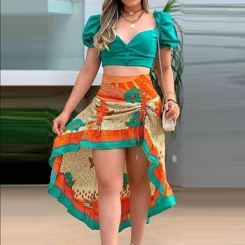 

Work Dresses Women Set Printed Puffed Sleeve Colorblock Crop Top & Hollow Out Ruched With Slit Skirt, Green
