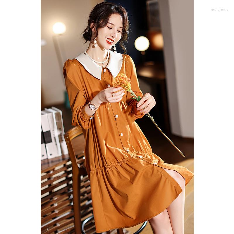 

Casual Dresses Simple Pure Color Skirt Fall 2022 Loose Shirt Big Yards Dress, Dark brown