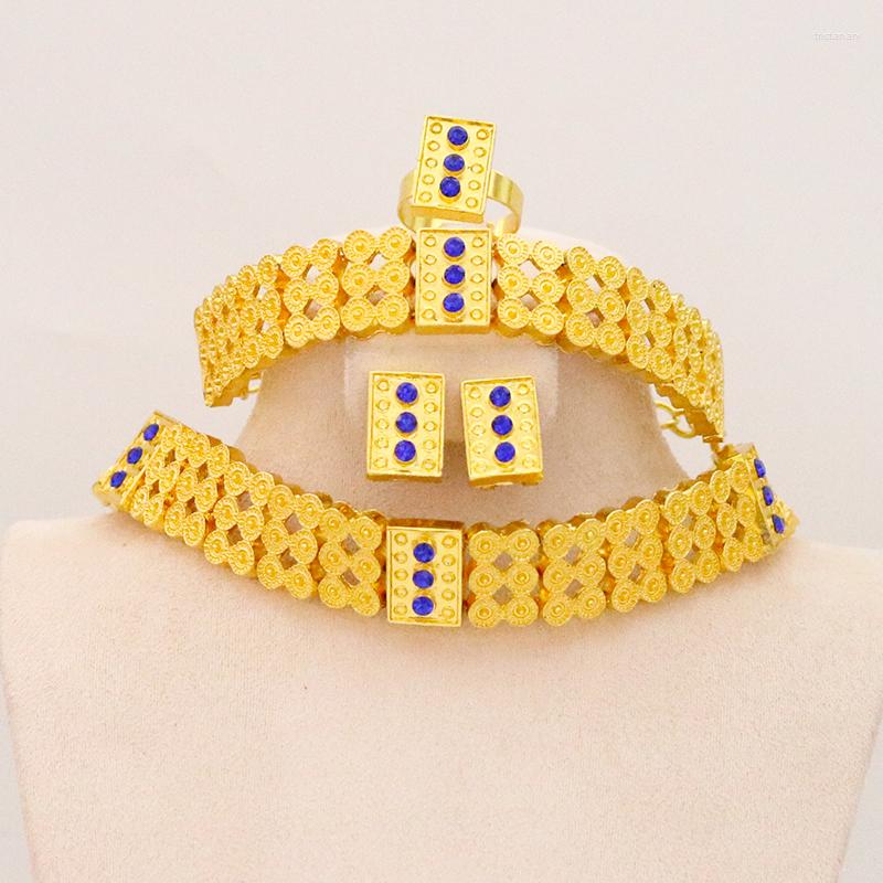 

Necklace Earrings Set Fashion Charm Nigerian African Dark Blue Gemstone Small Square Dubai For Women/Girls Ethiopian Jewelry, Picture shown
