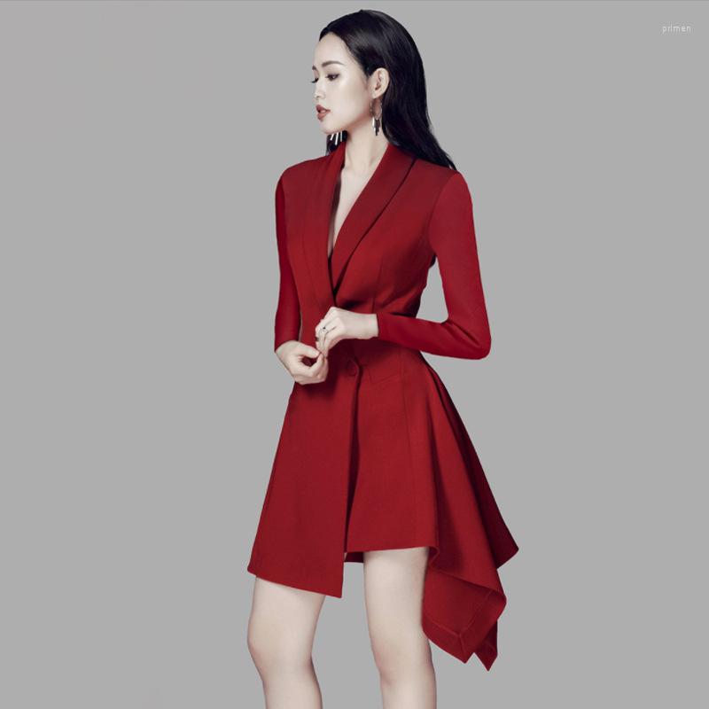 

Women's Suits Ukraine OL Women Jacket Blazers 2022 Spring Wine Red Blazer Dress Feminino Long Coat Elegant Double Breasted Outerwear C20