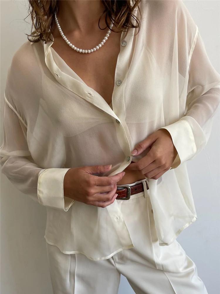 

Women' Blouses Hirigin Women' Sheer Button Up Shirt Y2K Long Sleeve Lapel V Neck Mesh Top Vintage See Through Basic Blouse Streetwear, Khaki