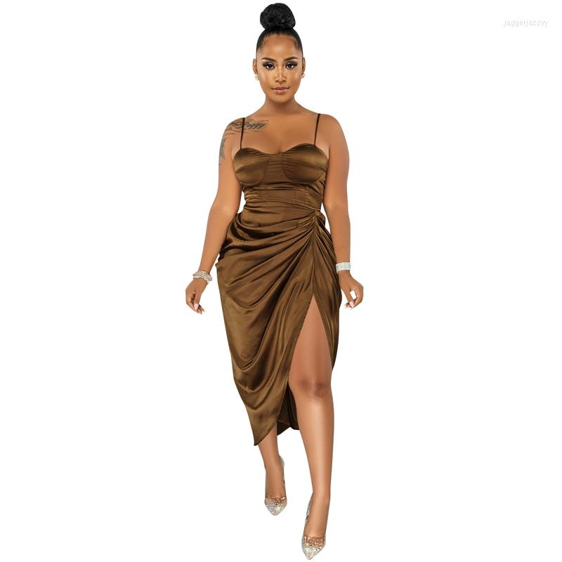 

Casual Dresses STYLISH LADY Satin Ruched Dress 2022 Autumn Winter Women Spaghetti Strap Side Slit Bodycon Night Club Party Irregular, Black