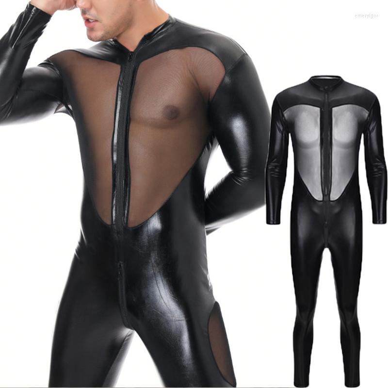 

Men's G Strings 3XL Men Faux Leather Jumpsuits Lingerie Mesh Backless Transparent Bodysuits Erotic Wetlook Nightclub Catsuits Playsuit Plus, Black