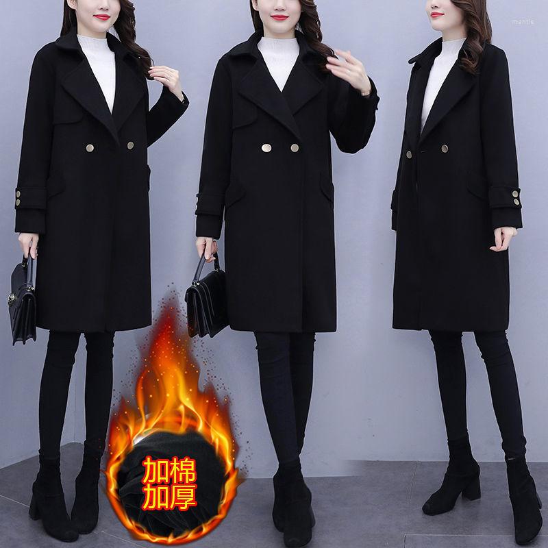 

Women's Wool Two Buckles Long Slim Woolen Blend Outerwear V Neck High Quality Women Casual Overcoat Autumn Winter Clothes Elegant Coat, Black