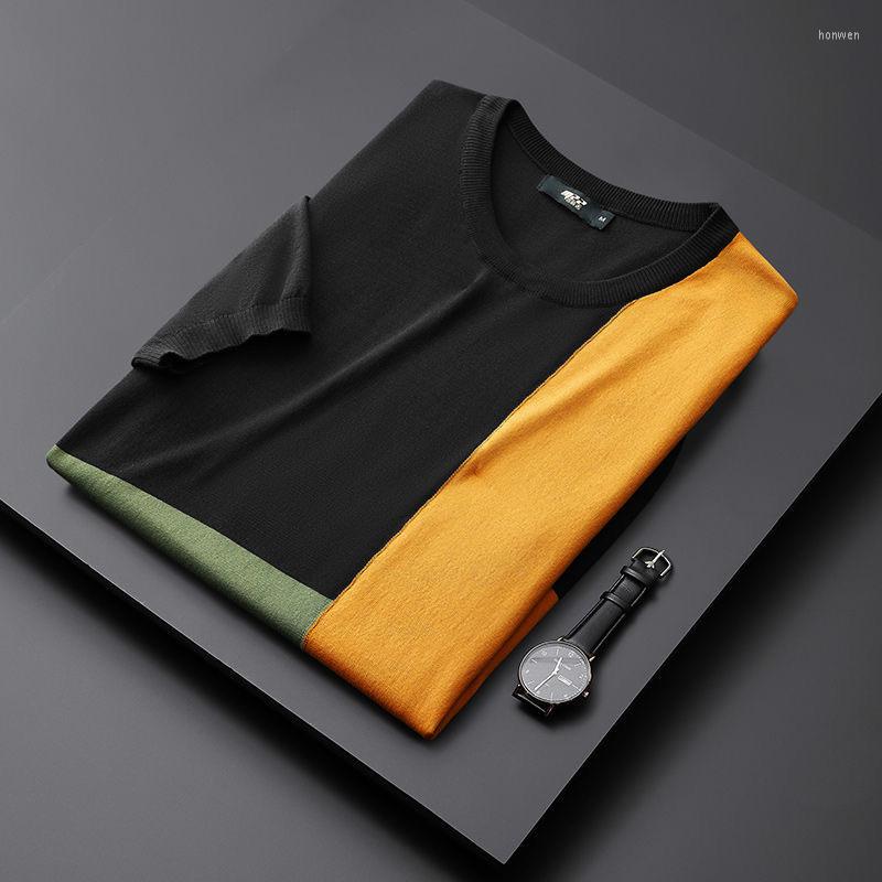 

Men's T Shirts Quality Fashion Color Matching Knitted High T-shirt Men's 2023 Korean Round Neck Slim Fitting Short Sleeve Summer Luxury, Black
