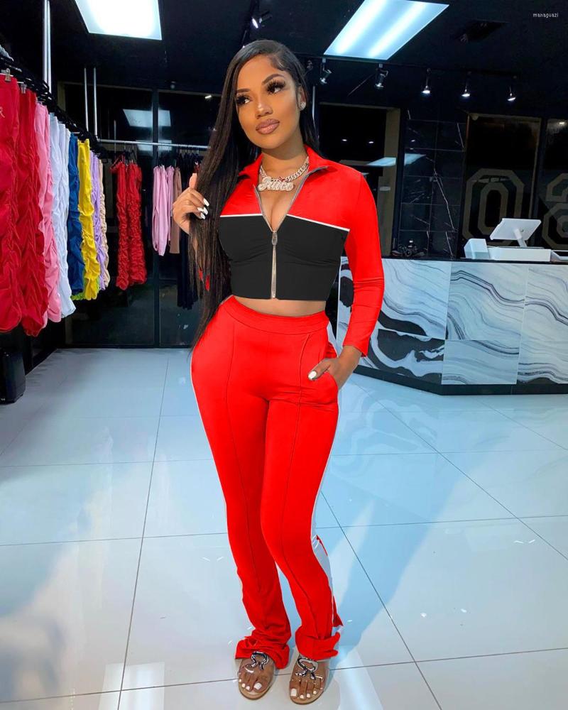 

Women' Tracksuits 2022 Spring Fashion Street Girl Style Sets Long Sleeve Lapel Zipper Top Elastic Pants 5 Color Two Piece, Black