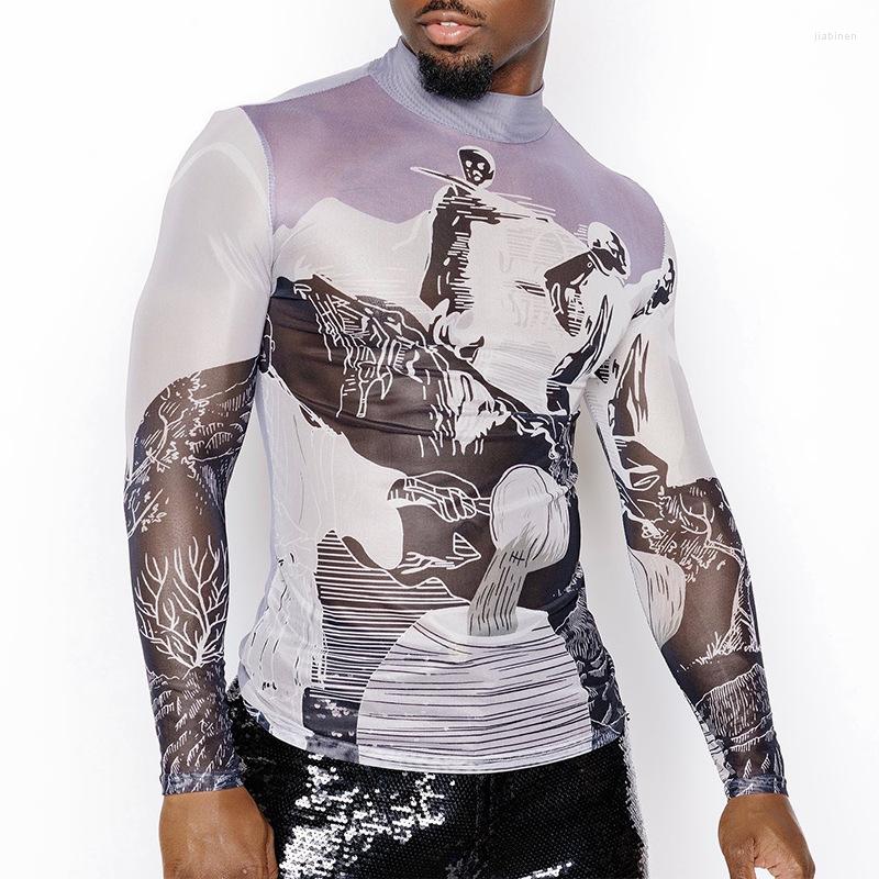 

Men's T Shirts AIIOU American Graphic Streetwear Style Men's Glitter Perspective Camiseta Sexy Male Long Sleeve Thin T-shirts, Light grey