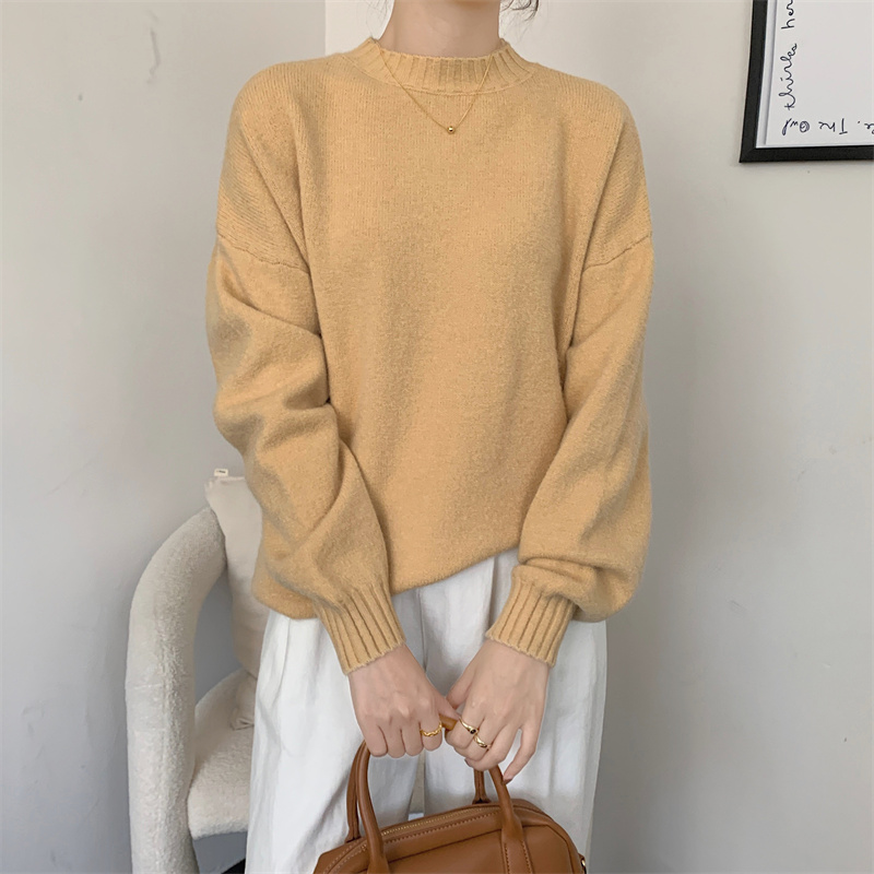 

3150 women sweater fashion winter sense of design simple daily wear multiple colors loose knit pullover roun-neck top, Champagne