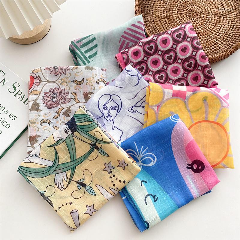 

Scarves 58 58cm Small Fresh Square Scarf Floral Print Cotton Linen Neck Shawls And Wraps Lady Office Neckerchief Bandana
