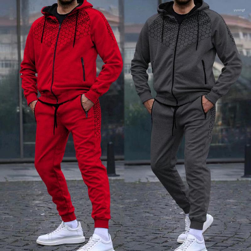 

Men's Tracksuits Autumn Men's Zipper Hooded Cardigan Jacket Honeycomb Print Casual Sweater Pants Set, Red