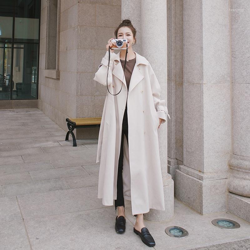 

Women' Trench Coats Women' Windbreaker Spring Autumn Sleeves Plaid Jacket Korean Loose Long Big Size Thin Coat Female Fashion Ladies, White