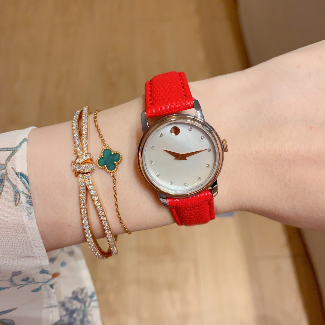 

Women's fashion designer wristwatch wedding date quartz movement 316L stainless steel red cowhide strap watches