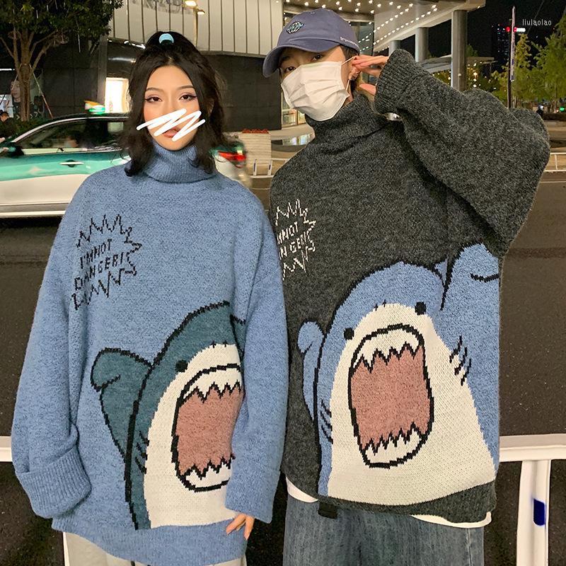 

Men's Sweaters Oversized Turtleneck Sweater Men Women Knitted Pullover Jumper Cartoon Casual Streetwear Japanese Couple Men's, Gray