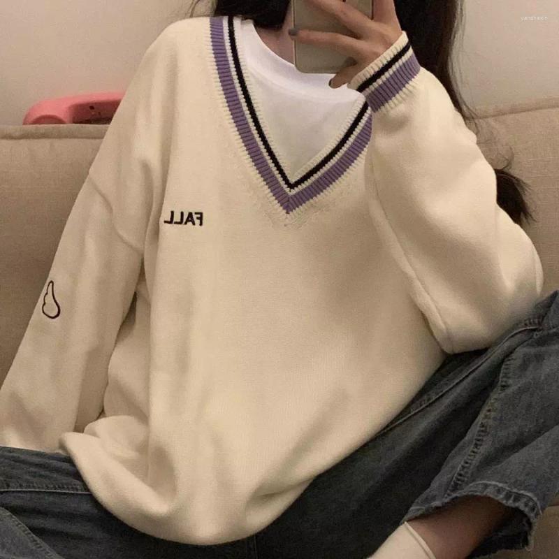 

Women' Sweaters Women Ulzzang Letter Chic Vintage V-neck Daily Preppy Girls Knitwear Fall Casual All-match Ins Long Sleeve Clothes, Black
