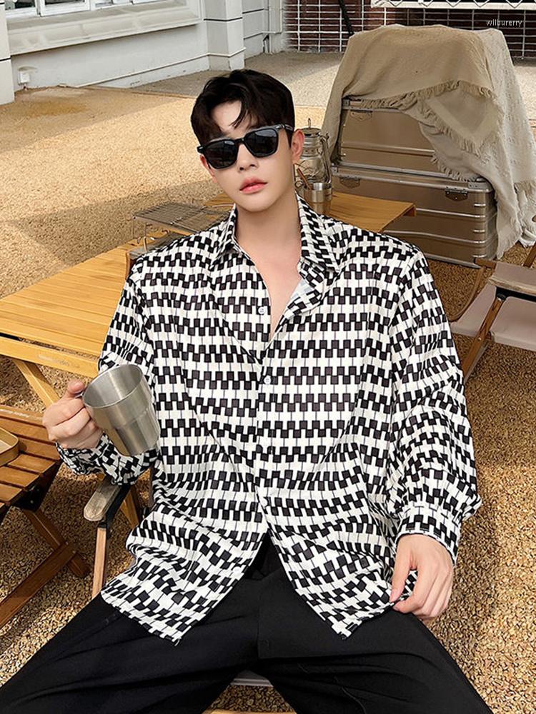 

Men's Casual Shirts Striped Shirt Korean Men's Fashion High 2023 Autumn Turn-down Collar Long Sleeve Male Tops 2A5802, Apricot