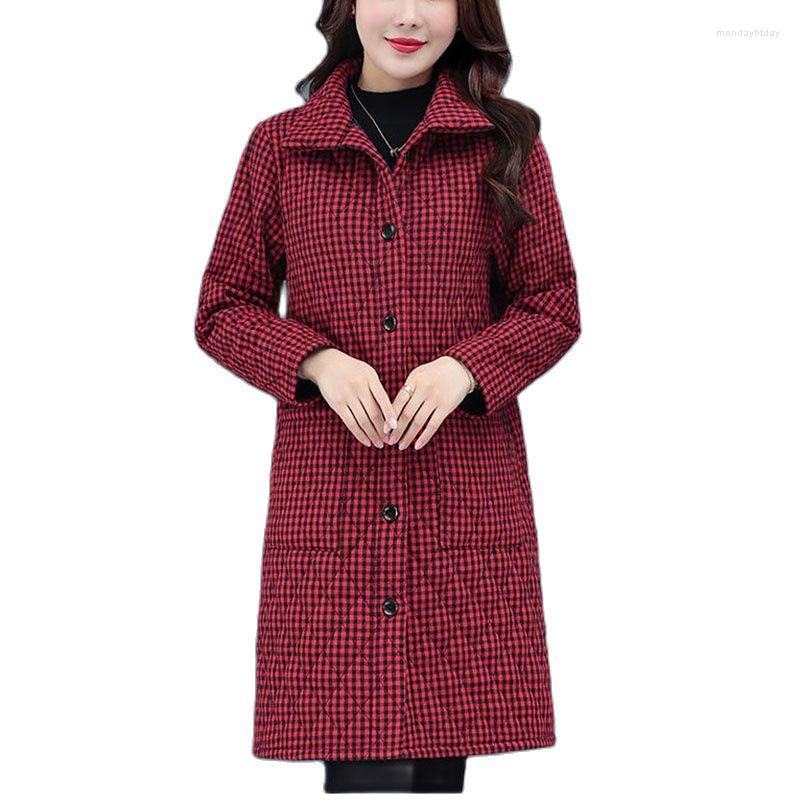 

Women's Trench Coats Autumn Winter Middle Aged Mother Cotton Clothes Lattice Single-Breasted Stand-up Collar Keep Warm Women's, Red