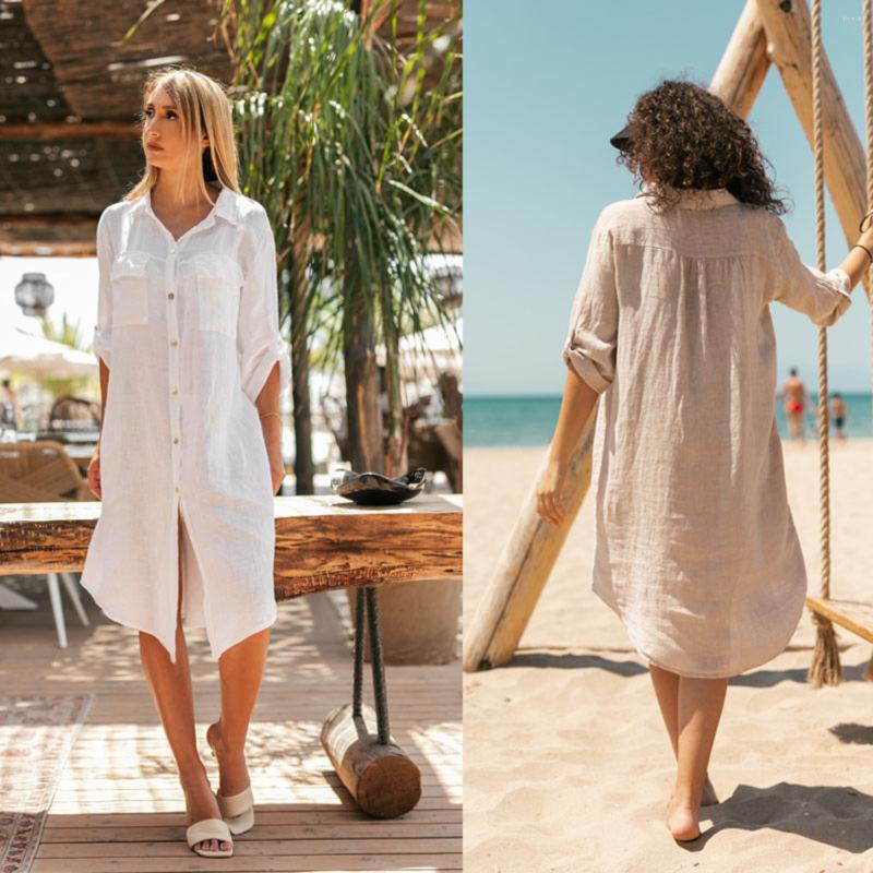 

Men' Dress Shirts 2023 Women' Cotton Linen Long-sleeved Solid-color Cardigan Single-breasted Shirt Skirt Clothing, Khaki