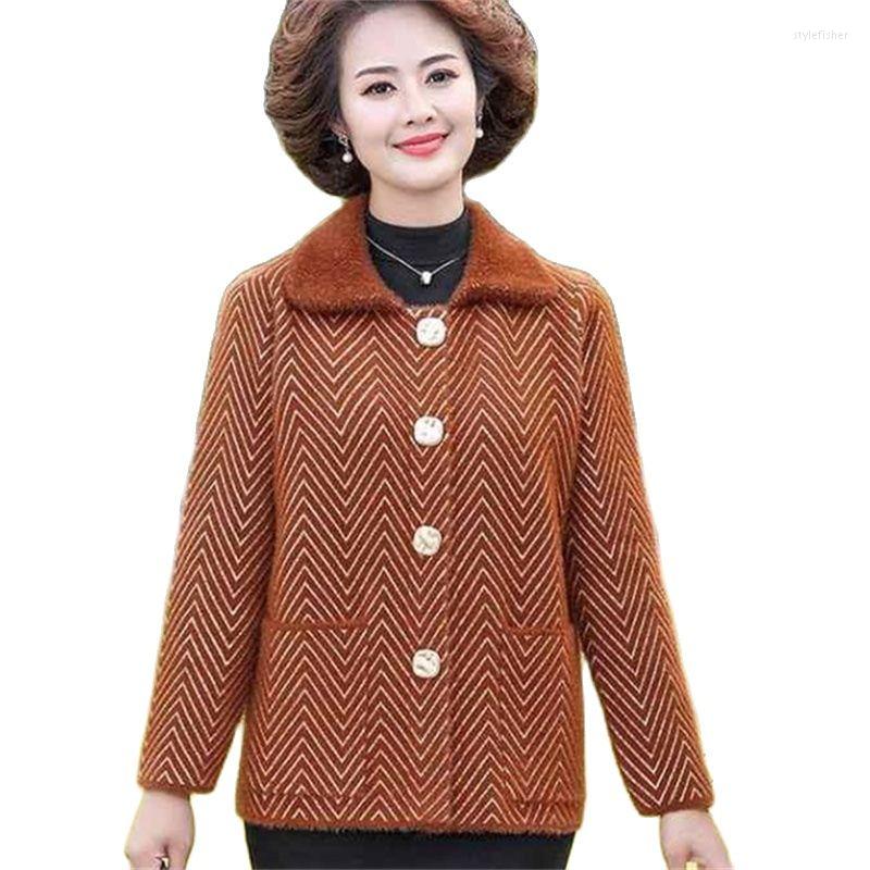 

Women's Wool Middle Aged Mother Autumn Clothes Imitate Mink Velvet Coat Loose Casual Pocket Single-Breasted Women's Woolen Outerwear, Beige