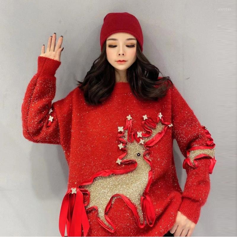 

Women's Sweaters Winter Christmas Sweater Knit Coats Plus Size Pullover Korean Fashion Elk Bright Silk Loose Designer Long Sleeve Top, Red