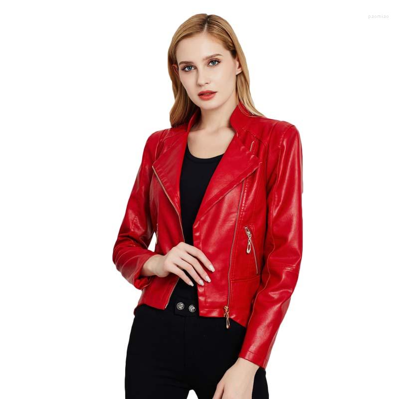 

Women's Leather 2022 Spring And Autumn Black Fashion Jacket Women's Short Slim Zipper Turn Over V-Neck Long-Sleeve Outwear Y776