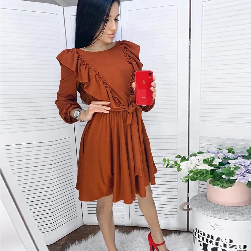

Casual Dresses MOARCHO Ruffles Lacing Mini Dress Female Lantern Sleeve O-Neck A-Line For Women 2022 Fall Loose, Red