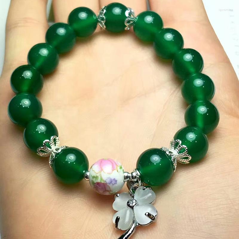 

Strand JoursNeige Natural Green Crystal Bracelets With Four Leaves Grass Pendant Beads Size 10mm Lucky For Women Bracelet Jewelry