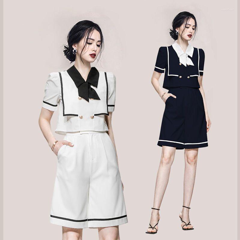 

Women's Tracksuits 2pcs Tweed Dress Suit Set Women Lady Elegant Bow Short Top High Waist Shorts Wide Leg Pants