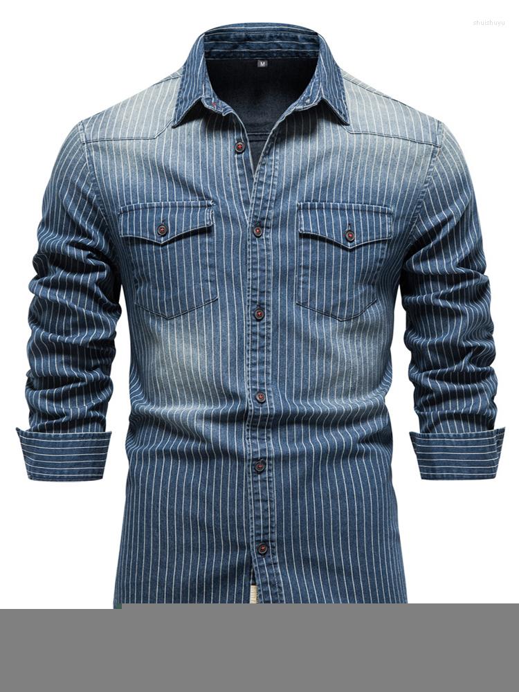 

Men' Casual Shirts Autumn Men' Long Sleeve Style Cotton Material 2022 Fashion Stripe Denim Lapel Single Breasted Shirt, Black