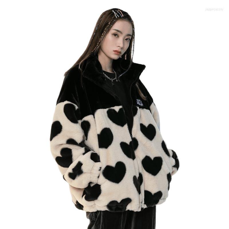 

Women' Hoodies Imitate Lamb Wool Female Love Jacket Autumn Winter Splicing Printing Loose Short Skin Grass Ladies Guard Clothes Coat, Black