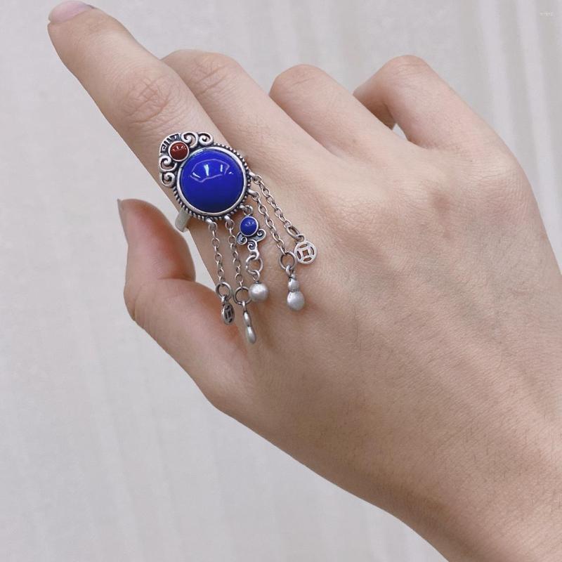 

Cluster Rings Original 925 Sterling Silver Natural Lapis Lazuli Tassel Ring Chinese Style Retro Ethnic Adjustable Open Finger Jewelry 70
