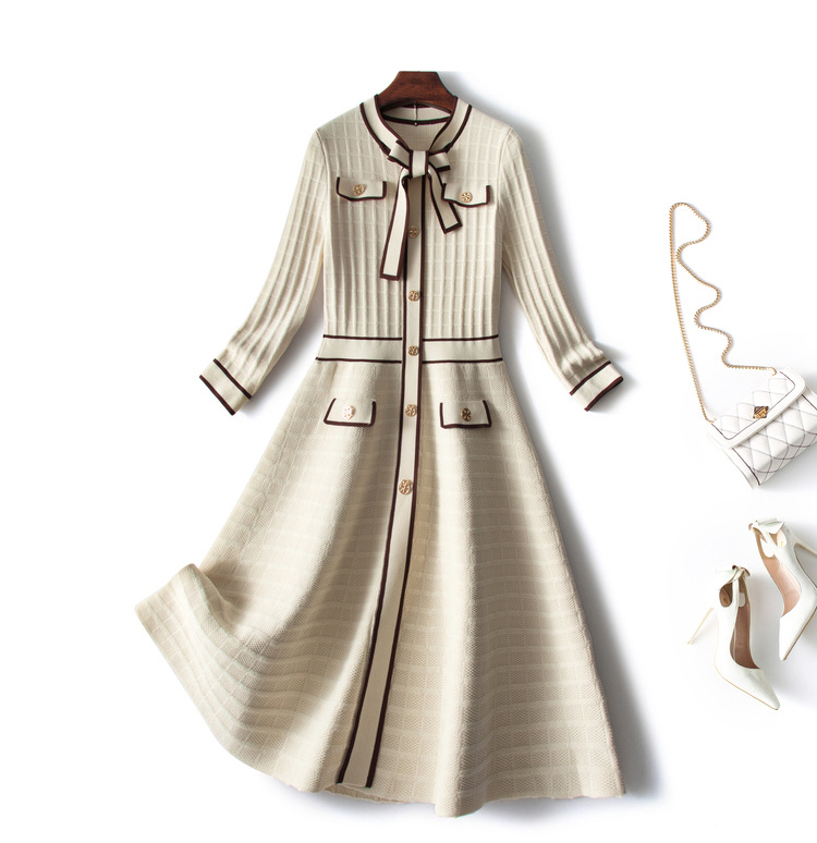 

2022 Autumn Round Neck Knitted Contrast Color Ribbon Tie Bow Dress Apricot Long Sleeve Panelled Single-Breasted Casual Dresses L2O3160901, Multi