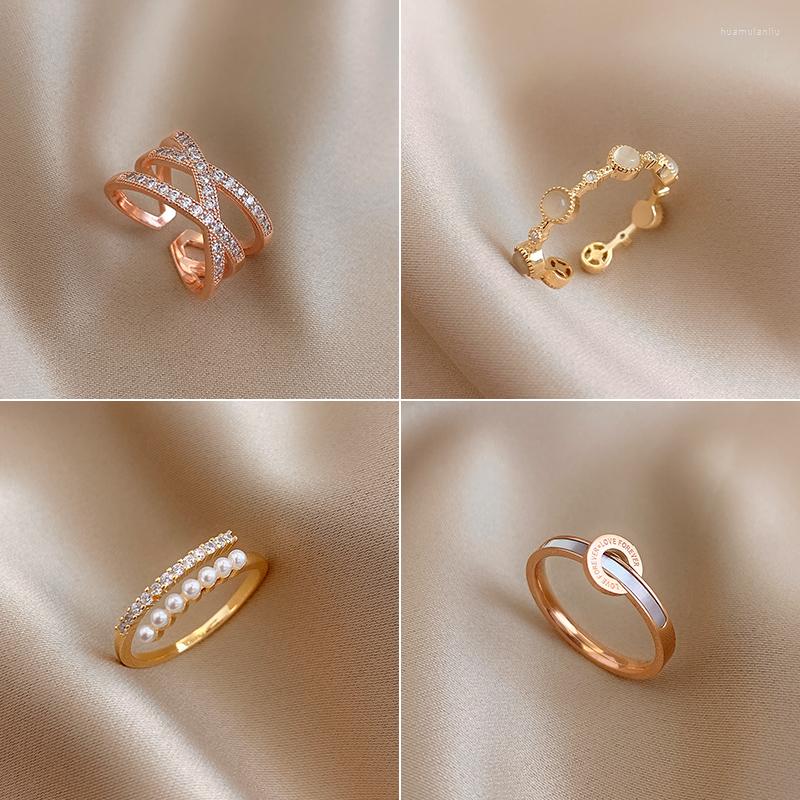 

Cluster Rings 2022 Copper Alloy Opal Pearl Gold Open For Woman Fashion Korean Jewelry Wedding Party Unusual Girl's Finger Ring