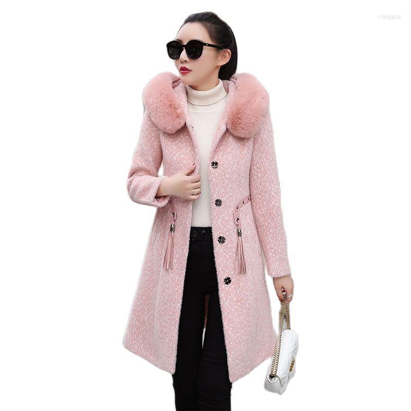 

Women's Wool 2022 Woolen Coat Female Jacket Winter Women Clothes Lmitation Mink Velvet Thicken Warm Gold Outwear Tops R883, Pink