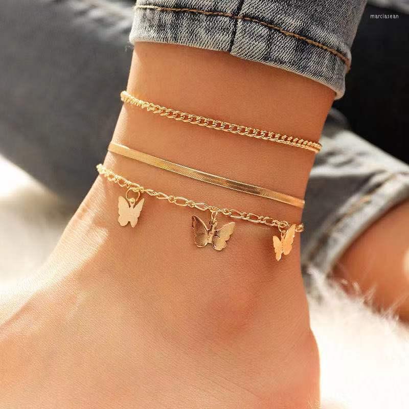

Anklets Vintage 3 Pcs Gold Plated Personality Butterfly Pendant Snake Chains Adjust Summer Beach Style Anklet For Women Jewelry 2022