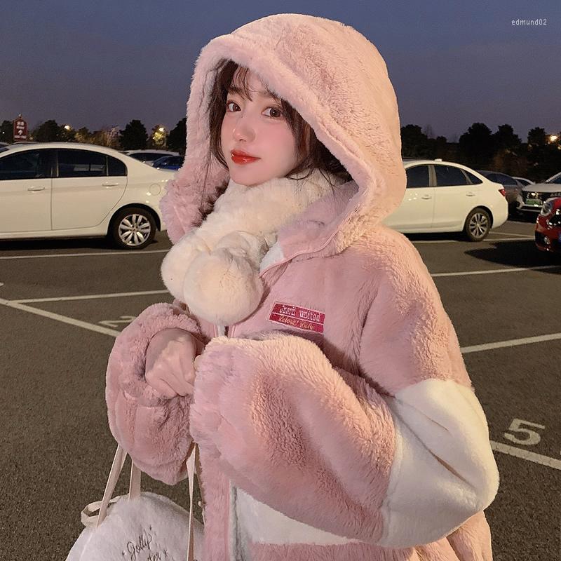

Women' Trench Coats BOBON21 Winter Women' Coat Korean Fashion Casual Stitching Plaid Ladies Clothes Hooded Zipper Lamb Hair C1983, Pink