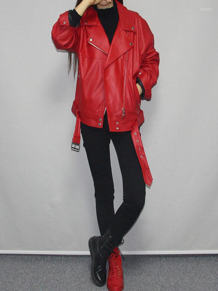 

Women's Leather 2022 Spring Autumn Woman's Genuine Sheepskin Coat BF Loose Casual Jacket For Lady Female Red Black Plus Big Oversize