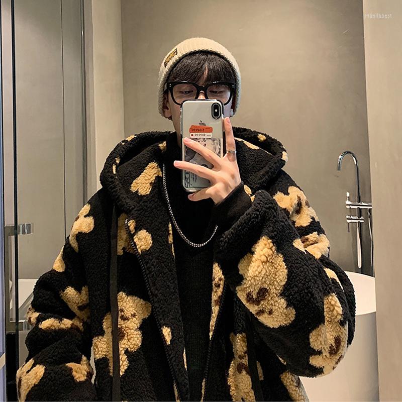

Men's Down Bear Cotton-Padded Coat Winter Thickened All-Matching Lamb Wool Korean Fashion Couple Hooded Plush, Black
