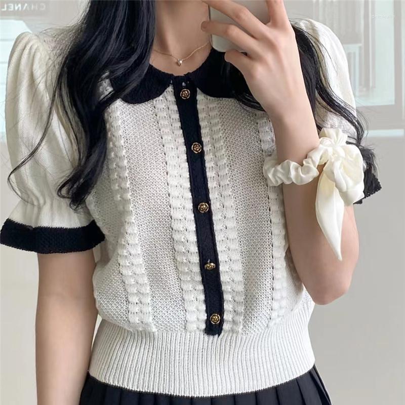 

Women's Knits Single Breasted Knit Cardigans Summer Korean Sweet Doll Collar Contrast Color Puff Sleeve Knitwear Women Harajuku Tops N242, Black