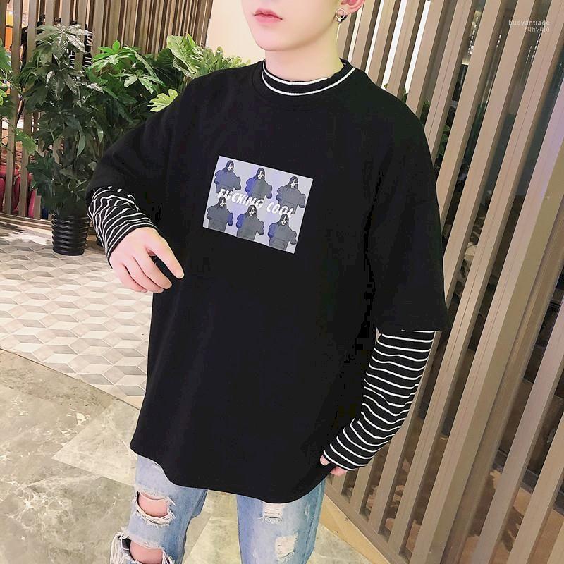 

Men's T Shirts Men's T-Shirts Harajuku T-shirt Men Spring Autumn Women Shirt Character Letter Print Stripe Patchwork Casual Loose Long, Black