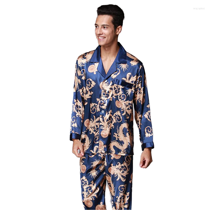 

Men's Sleepwear Men Satin Silk Long Sleeves Faux Pajamas Suit Man Loose Printed Nightclothes Paisley Pyjamas Set Male, Black