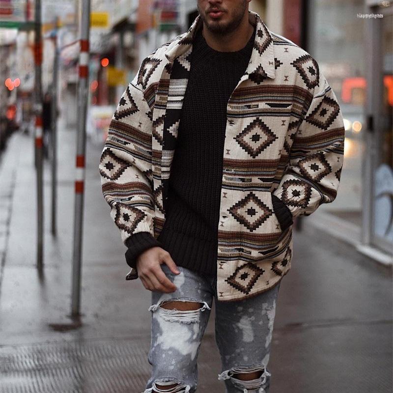 

Men' Jackets Men' Mens Coat Autumn 2022 Print Geometric Pattern Lapel Button Jacket Fashion Outerwear Coats Cardigan Tops Plus Szie, Photo-color