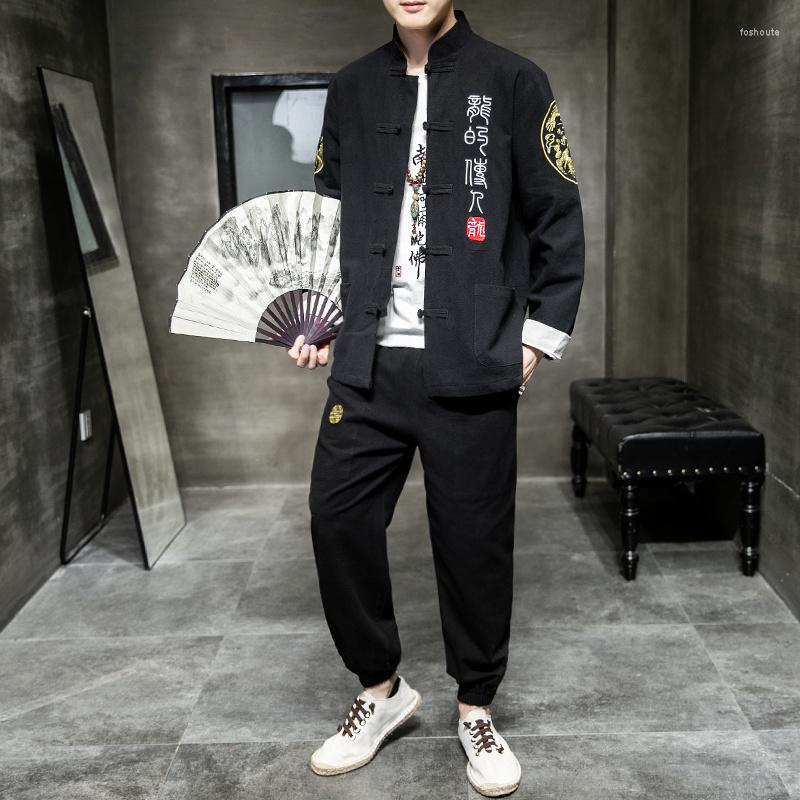 

Men's Tracksuits Chinese Traditional Dress Retro Plus Size Text Embroidery Suit Long Sleeve Coat Pants Men Clothing Spring Autumn Casual, Black