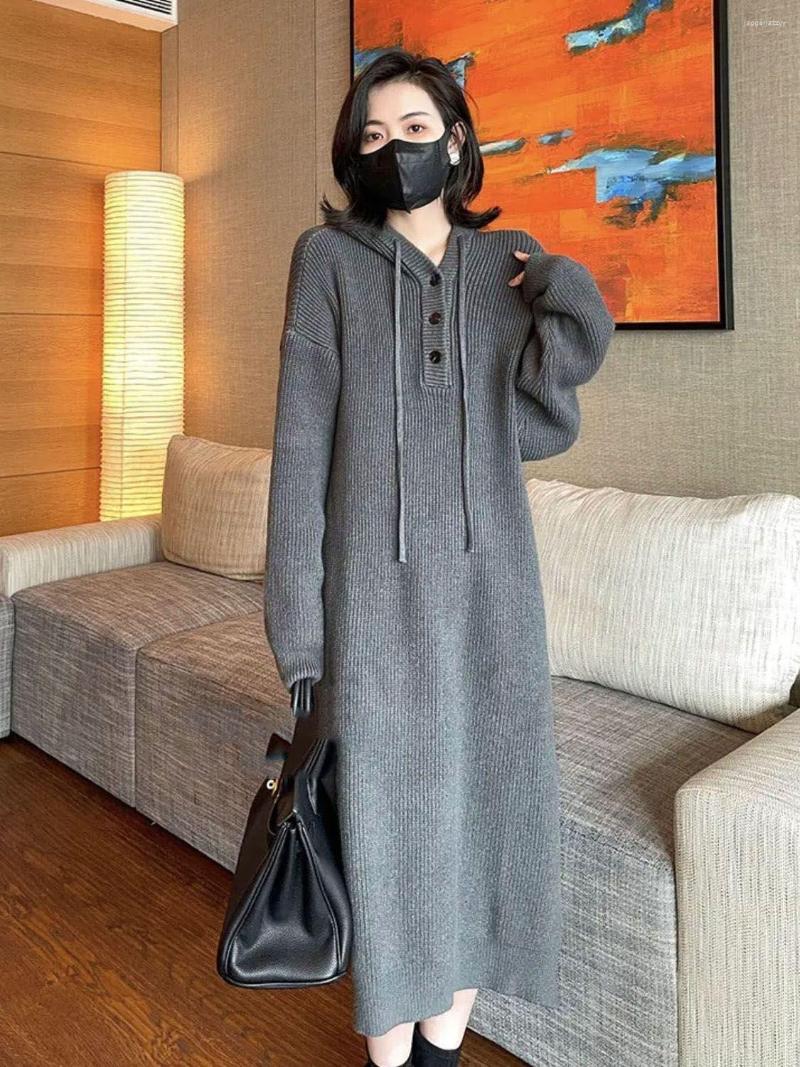 

Casual Dresses Women Long Sweater Dress 2023 Autumn Winter Thick Warm Buttons Hooded Collar Turtleneck Sleeve Knitted Female R12, Shenhuise
