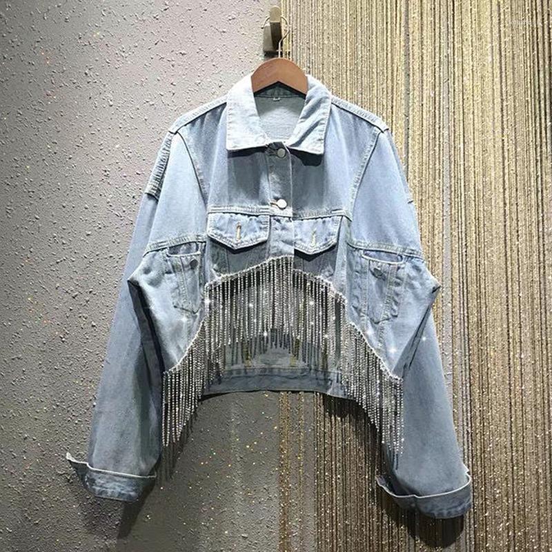 

Women' Jackets Gratis Verzending Diamant Kwastje Losse Denim Jasje Vrouwelijke Lange Mouwen Single Breasted Vrouwen Jeans, Blue