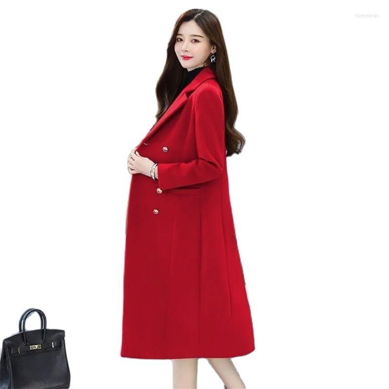 

Women's Wool Female Autumn Winter Thick Woolen Jacket 2022Women Mid-length Fashion Atmospheric Design Slim Over-the-knee Coat A850, Red