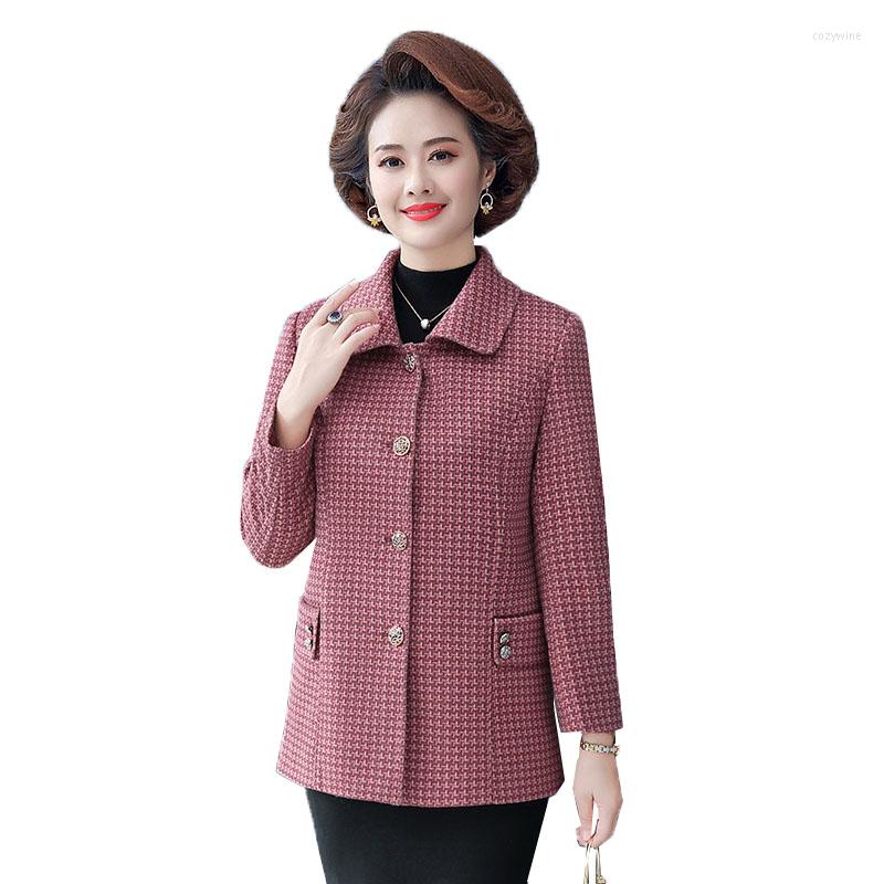 

Women's Wool Middle-aged Women Woolen Coat Spring Autumn Jacket Female Mother Casual Lattice Outerwear Jackets Overcoat, Khaki
