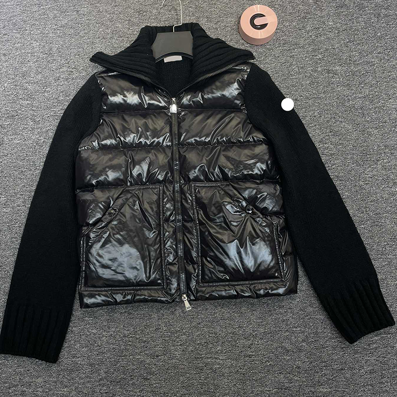 

maya designer women Long style down jacket embroidered badge women winter Patchwork knitted sleeves puffer coat jackets woman size S/M//XL, Black