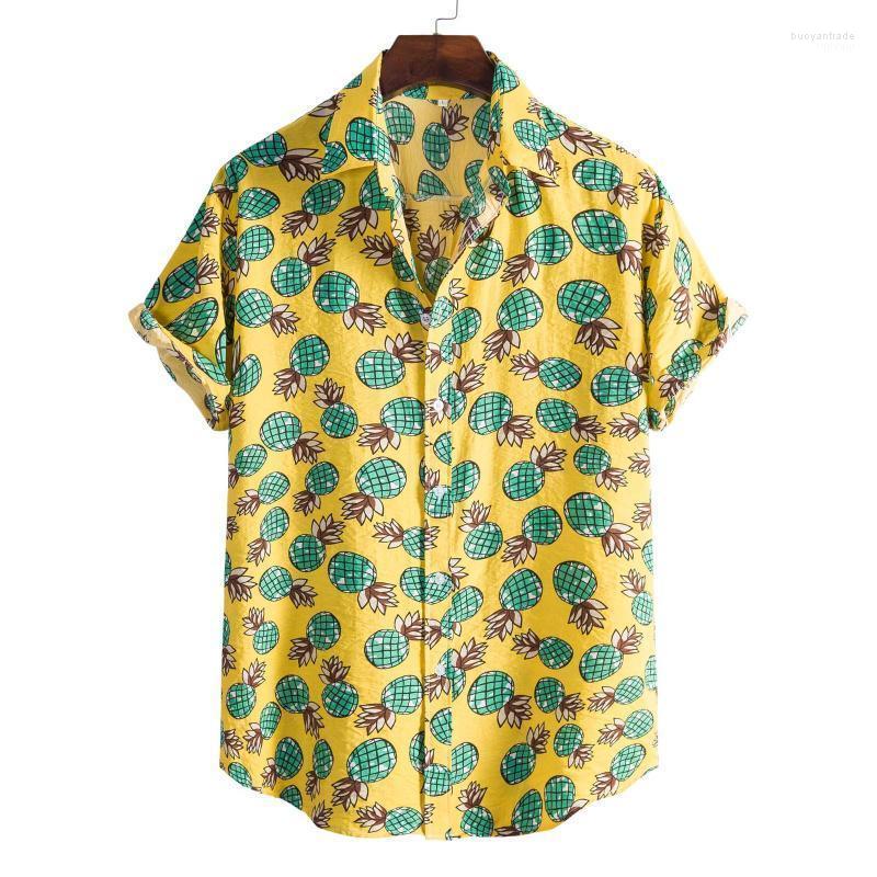

Men' Casual Shirts Men' Summer Man Shirt Short Sleeve Men Pineapple Print Stand Collar Cotton Loose Hawaiian Camisa Masculinas, Yellow