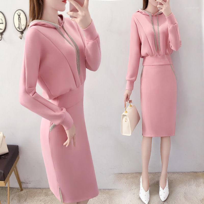 

Work Dresses 2022 Autumn Winter Women Fashion Suits Female Solid Color Hooded Pullover Tops High Waist Skirts Ladies Two Piece Sets R332, Pink